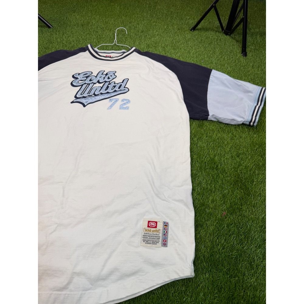 Vintage Ecko Unltd Raglan T-Shirt XXL Colorblock Embroidered Spellout 72 Navy